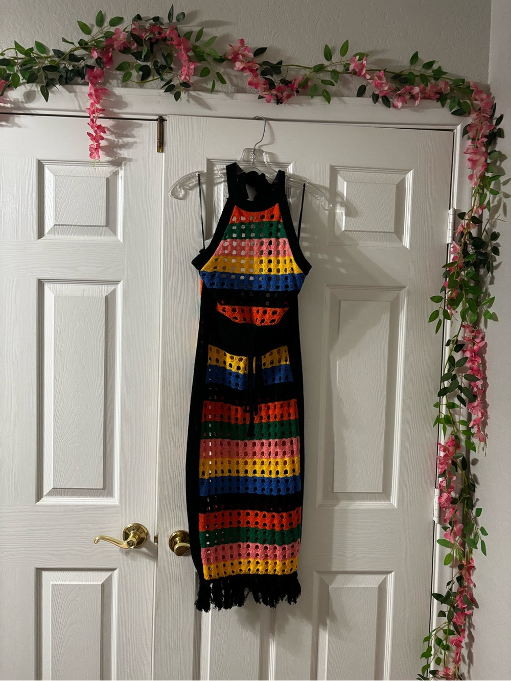 Black Crocheted Maxi Dress with Multicolor Stripes